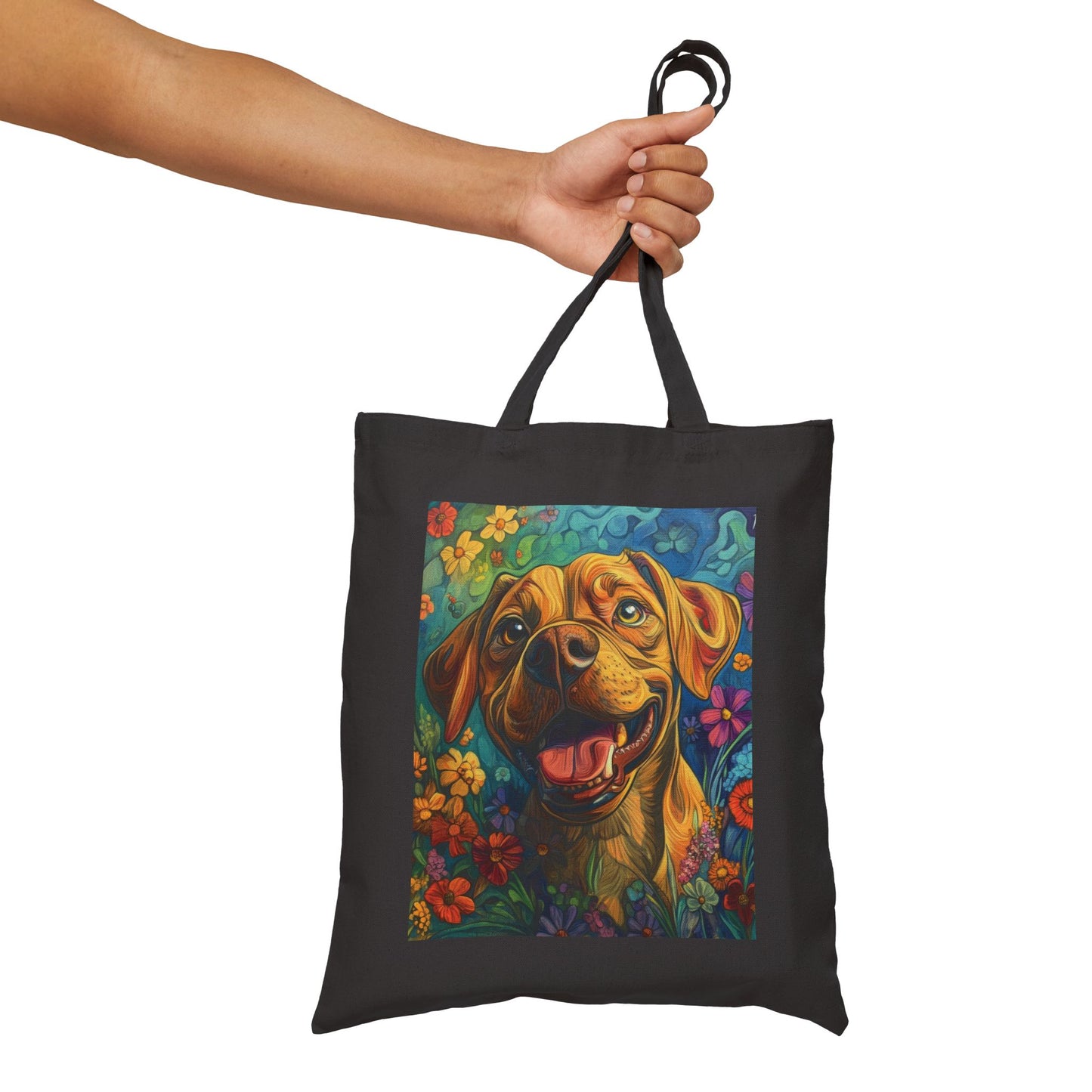 Colorful Dog Art Cotton Canvas Tote Bag, Eco-Friendly Shopping Bag, Pet Lover Gift, Flower Design, Reusable Grocery Tote, Animal Lover