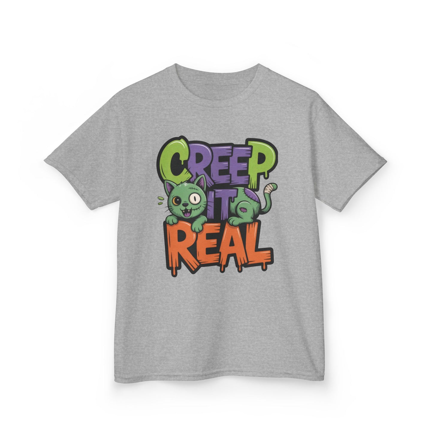 Creep It Real Kids Halloween Shirt, Cute Zombie Cat Graffiti Style T-Shirt for Boys & Girls