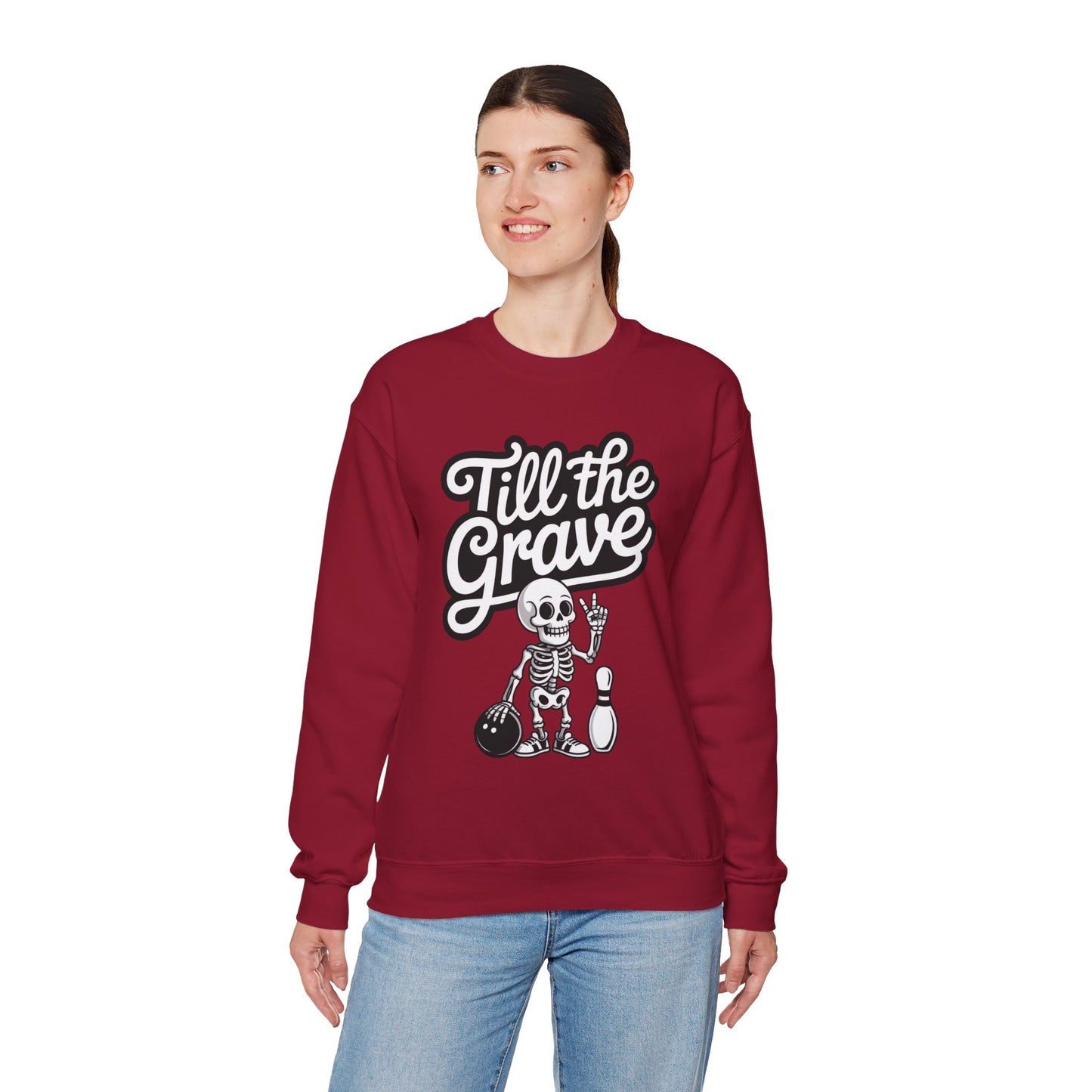 Funny Skeleton Bowling Sweatshirt, Womens Crewneck, Halloween Gift, Casual Wear, Till the Grave Sweatshirt, Bowling Lover Apparel