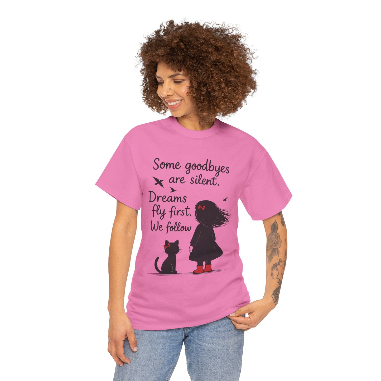 Emotional Hand Drawn Womens T-Shirt, Minimalist Red Dress Girl and Cat Graphic Tee, Cat Lover Gift