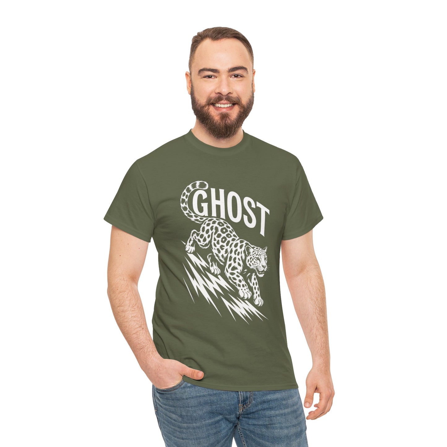 Ghost Leopard Graphic Tee, Mens T-Shirt, Casual Wear, Animal Print Top, Gift for Cat Lovers, Halloween Outfit