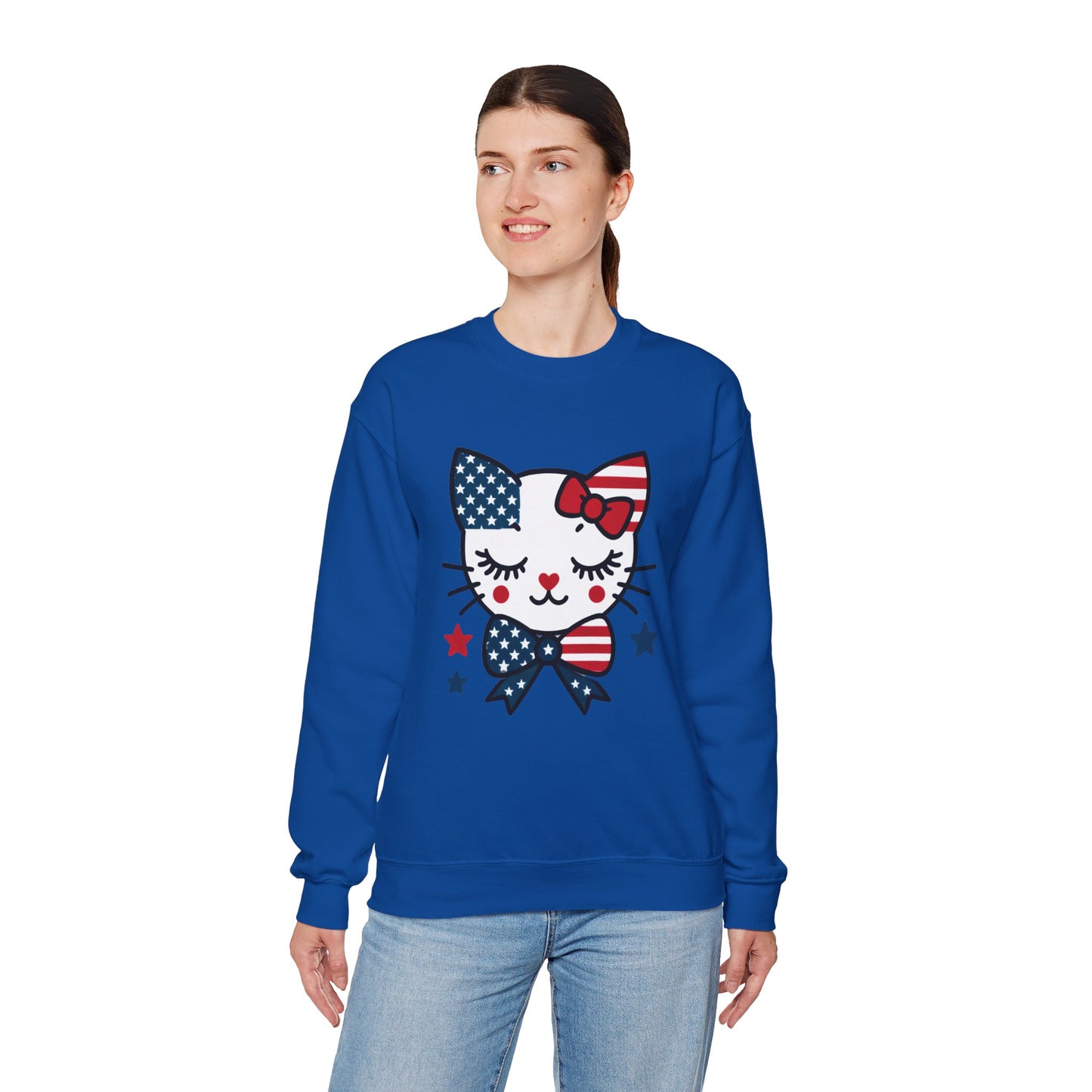 Cute Cat American Flag Sweatshirt, Women's Crewneck, Perfect for 4th of July, Women's Casual Wear, Cat Lovers Gifts