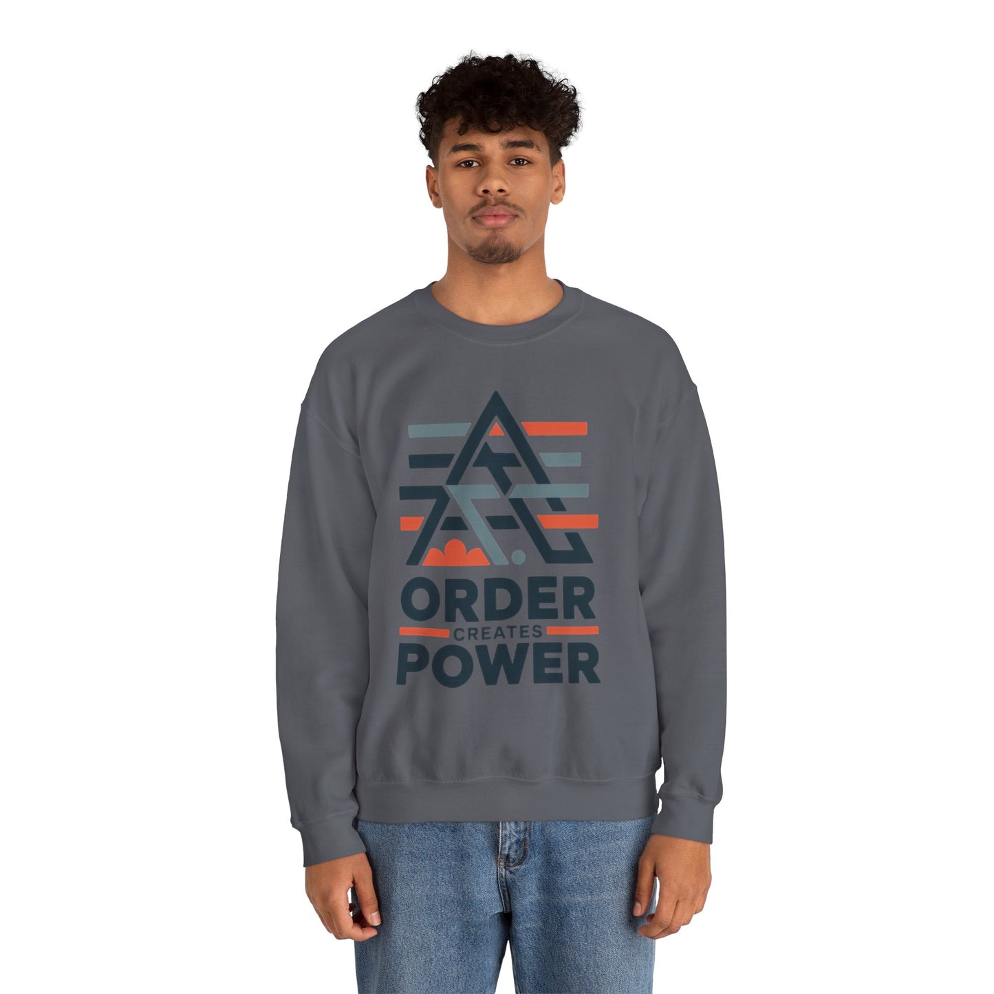 Men's Sweatshirt Order Creates Power, Minimal Geometric Motivational Graphic Pullover, Heavy Blend™ Crewneck Sweatshirt