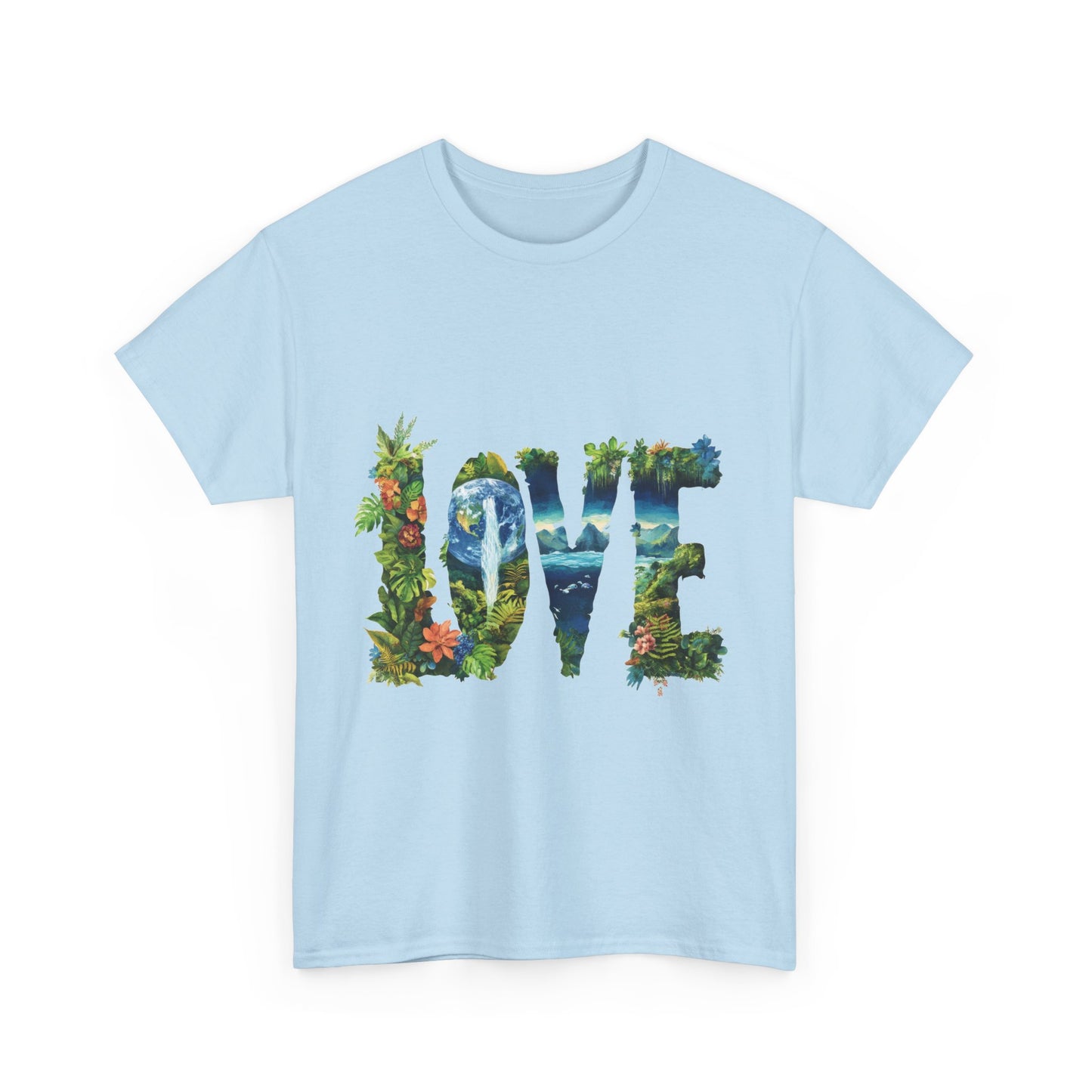 LOVE Nature Art Womens Heavy Cotton Tee, Earth Day Jungle Forest Graphic T-Shirt, Eco Friendly Gift Shirt, Nature-Inspired Love Tee