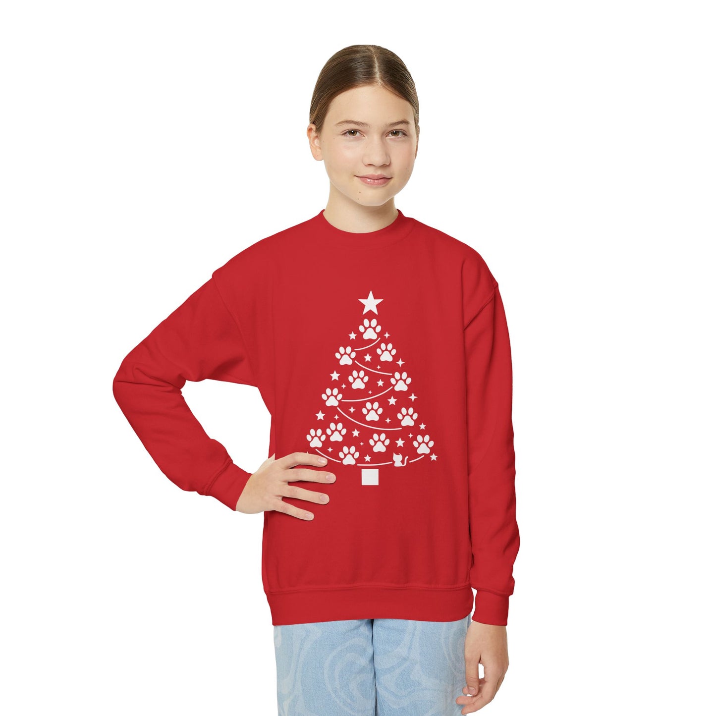 Paw Christmas Tree Girls Youth Sweatshirt, Cute Pet Lover Holiday Sweater