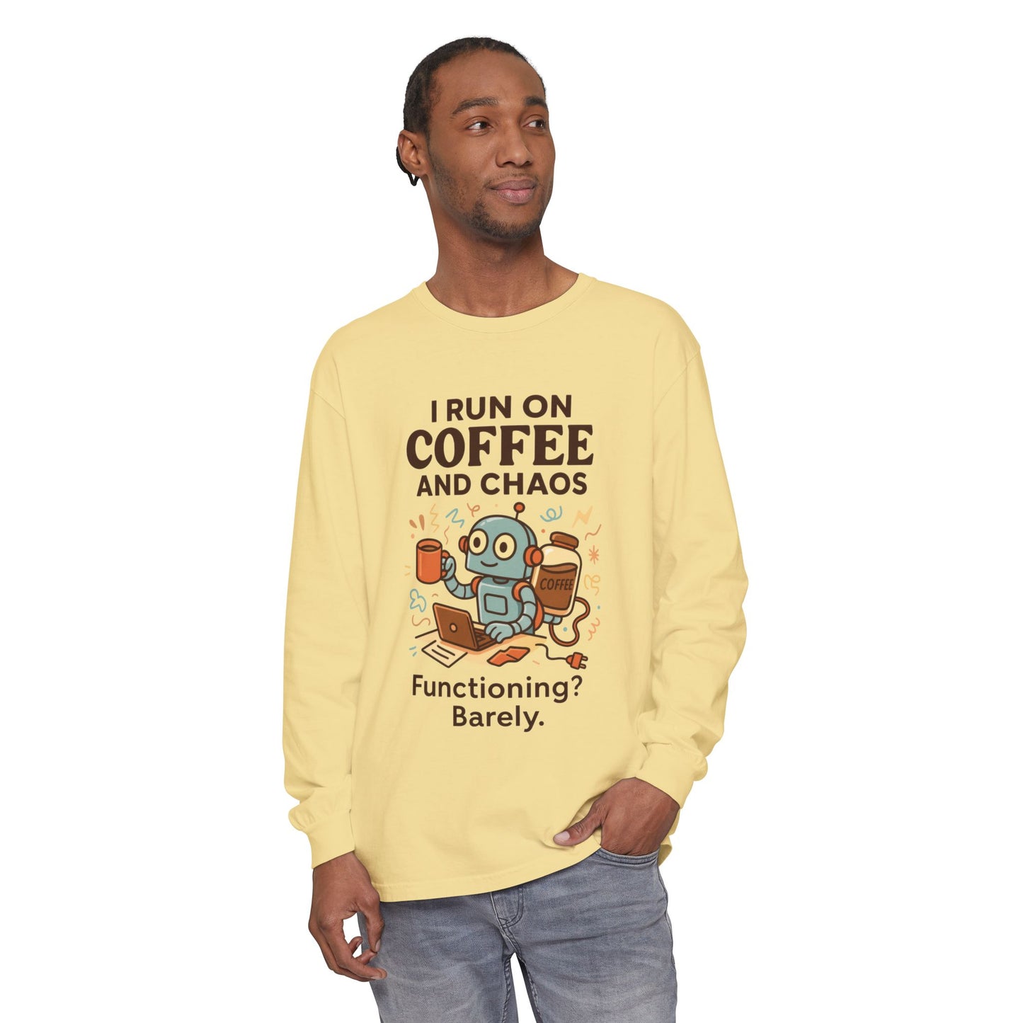 Coffee Chaos Long Sleeve Tee, Funny T-Shirt, Quirky Gift for Coffee Lovers, Unisex Top for Busy Lives, Work from Home Humor Tee