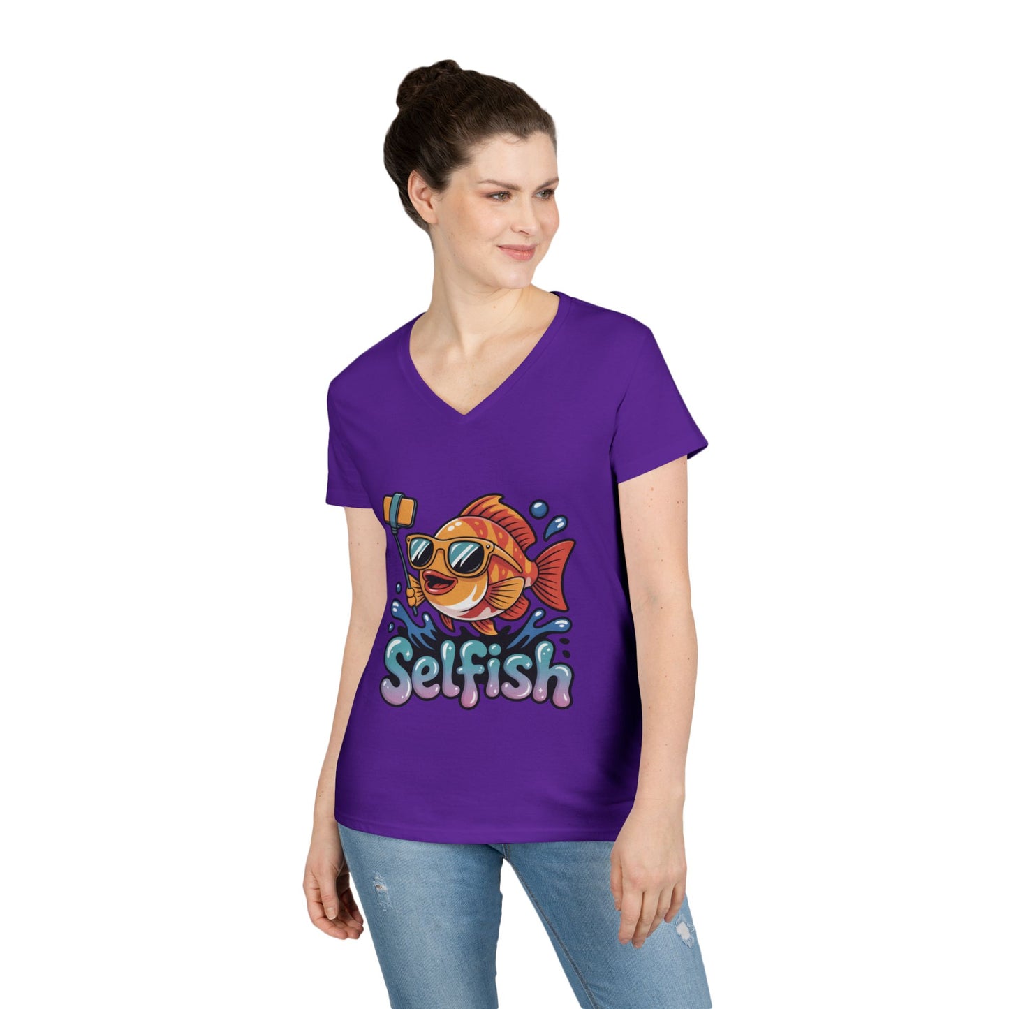 Ladies' V-Neck T-Shirt, Funny Selfie Fish Graphic Womens Tee, Playful Pun Gift for Her, Summer Vibes, Unique Beach Shirt, Outdoor Adventures