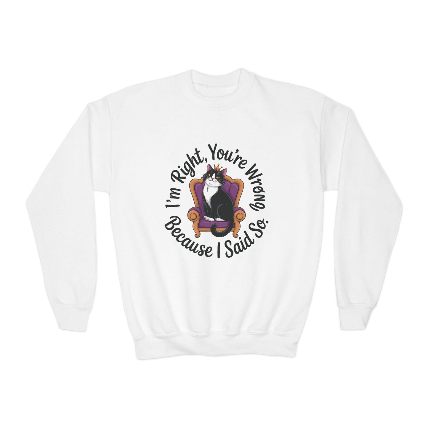Youth Crewneck Sweatshirt, Funny Cat Sweatshirt for Girls, Im Right Youre Wrong, Tween Girl Attitude Pullover, Cute Gift for Cat Lovers