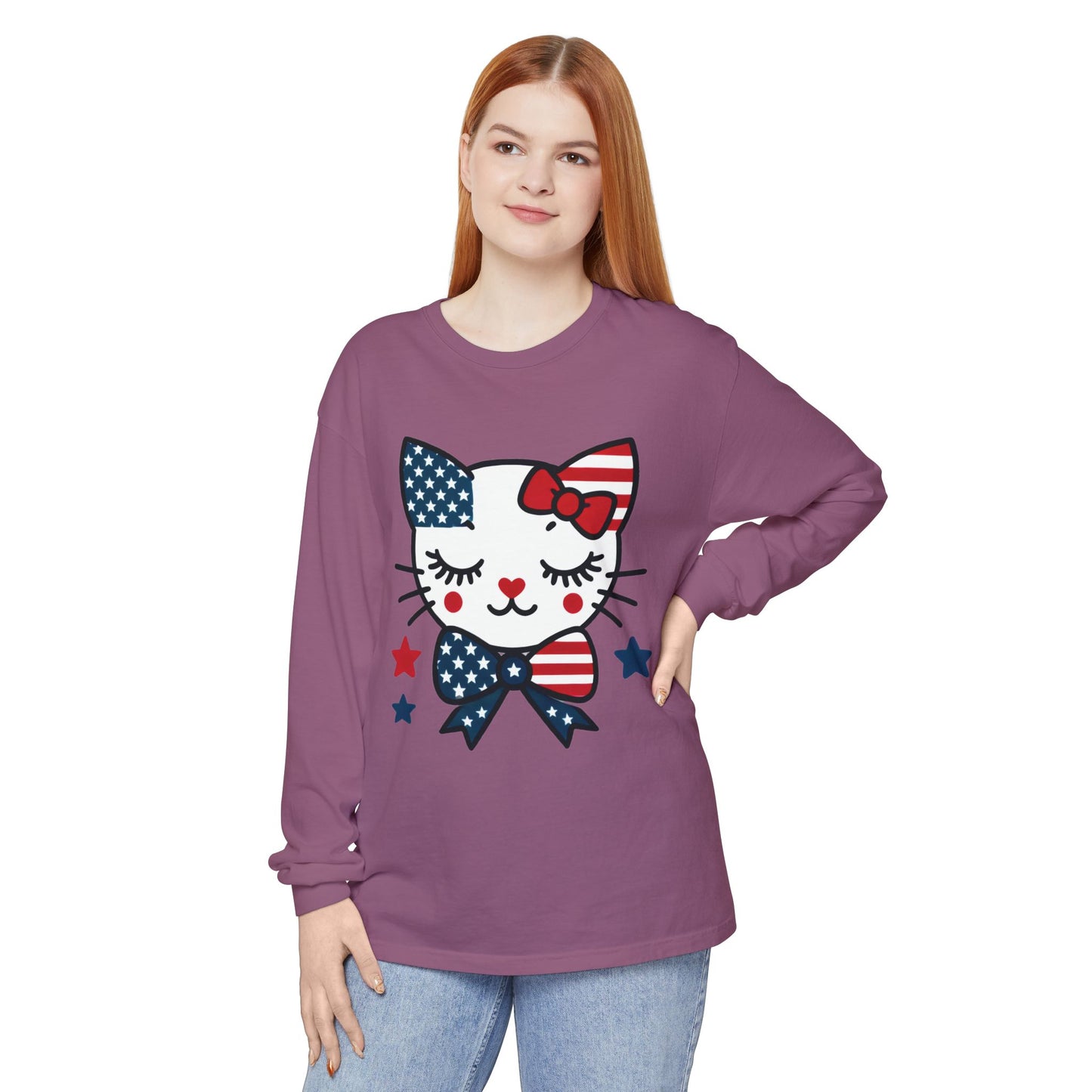 Patriotic Cat Long Sleeve T-Shirt, Women's Tee, Perfect for Fourth of July, Animal Lover Gift, Cozy Casual Wear, Holiday Apparel