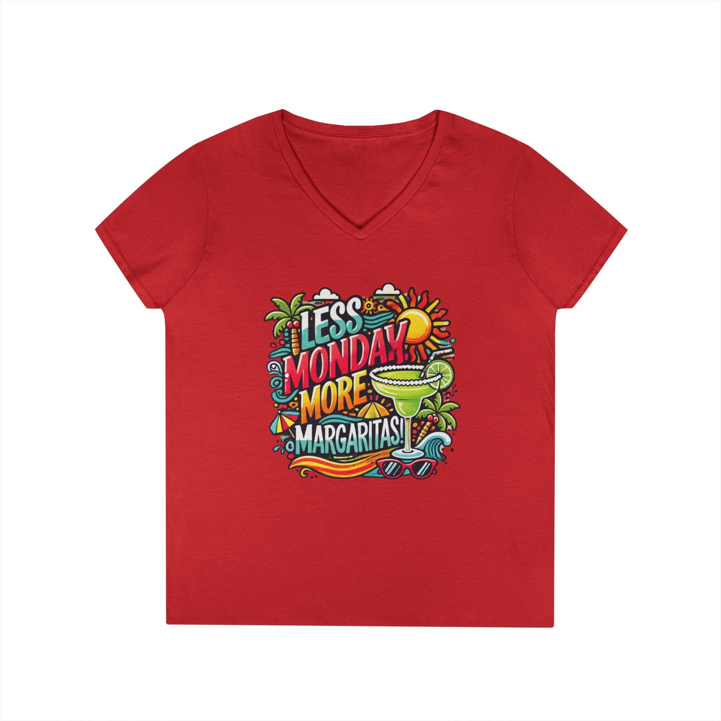 Less Monday More Margaritas Ladies' V-Neck T-Shirt, Funny Summer Cocktail Shirt, Tropical Vacation Tee for Women, Party Tee, Weekend Vibes