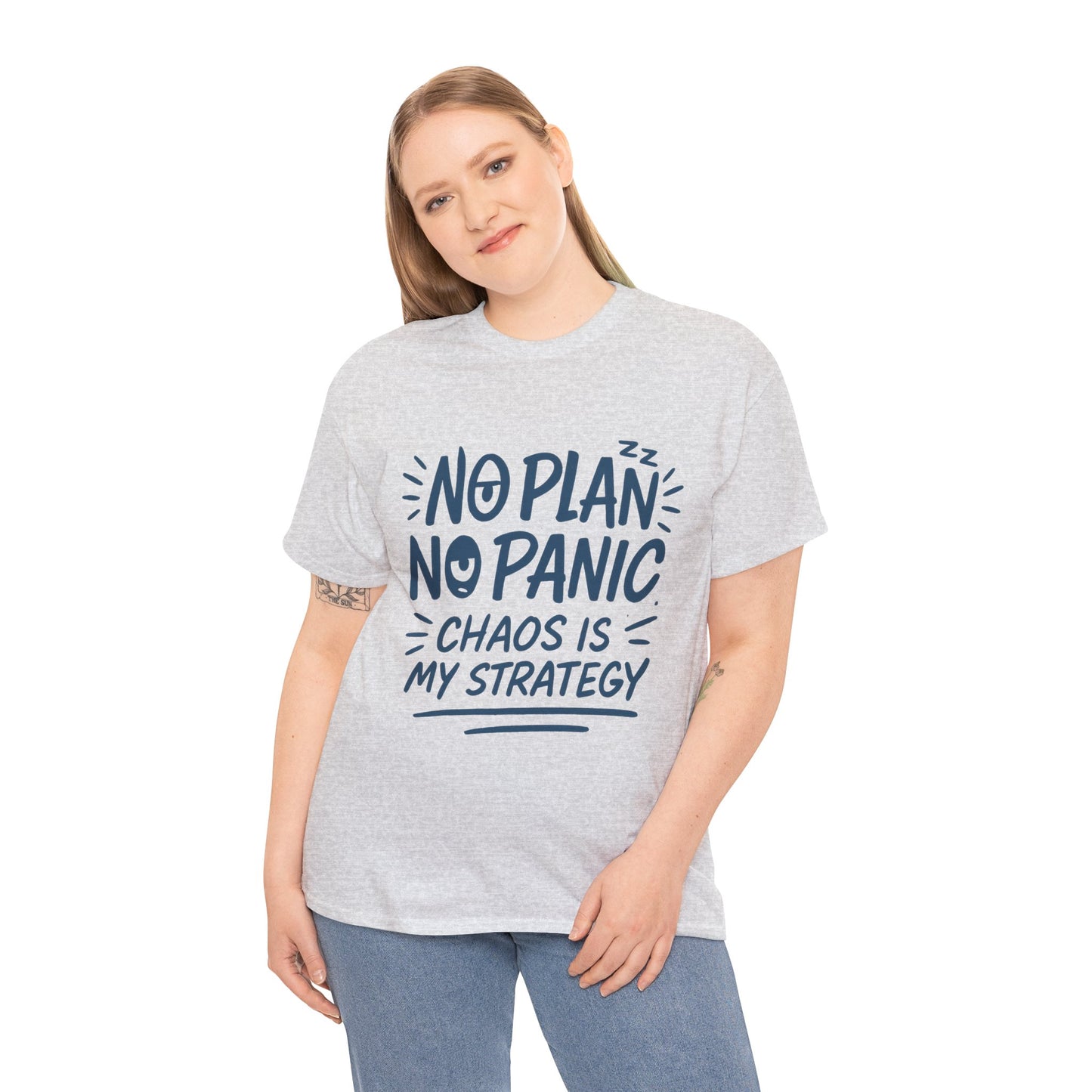 Funny Chaos Strategy T-Shirt, No Plan No Panic Quote Shirt, Cute Tee for Women, Humorous Gift Idea, Casual Relaxed Fit Top