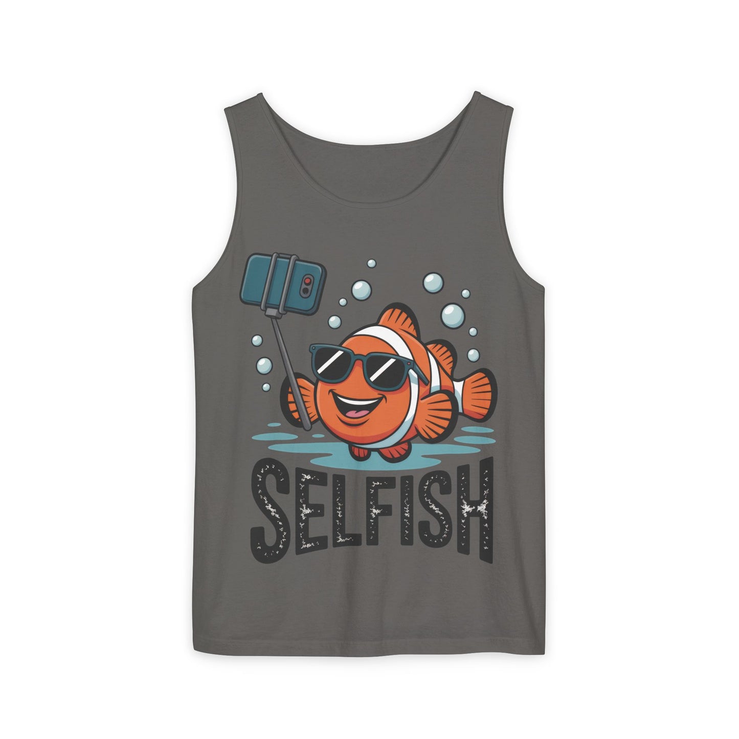 Mens Garment-Dyed Tank Top, Mens Selfish Funny Fish Tank Top, Cute Selfie Graphic Shirt, Ocean Humor Top