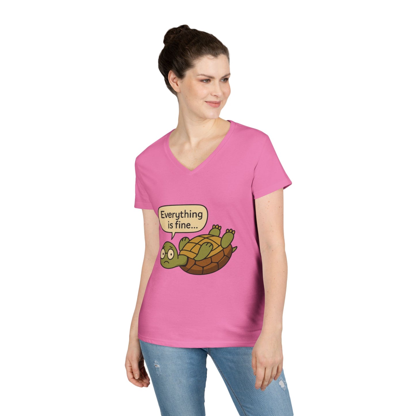 Cute & Comfy Turtle V-Neck T-Shirt - "Everything is fine..." design, Gift for Animal Lovers, Casual Wear, Fun Quotes, Positive message tee