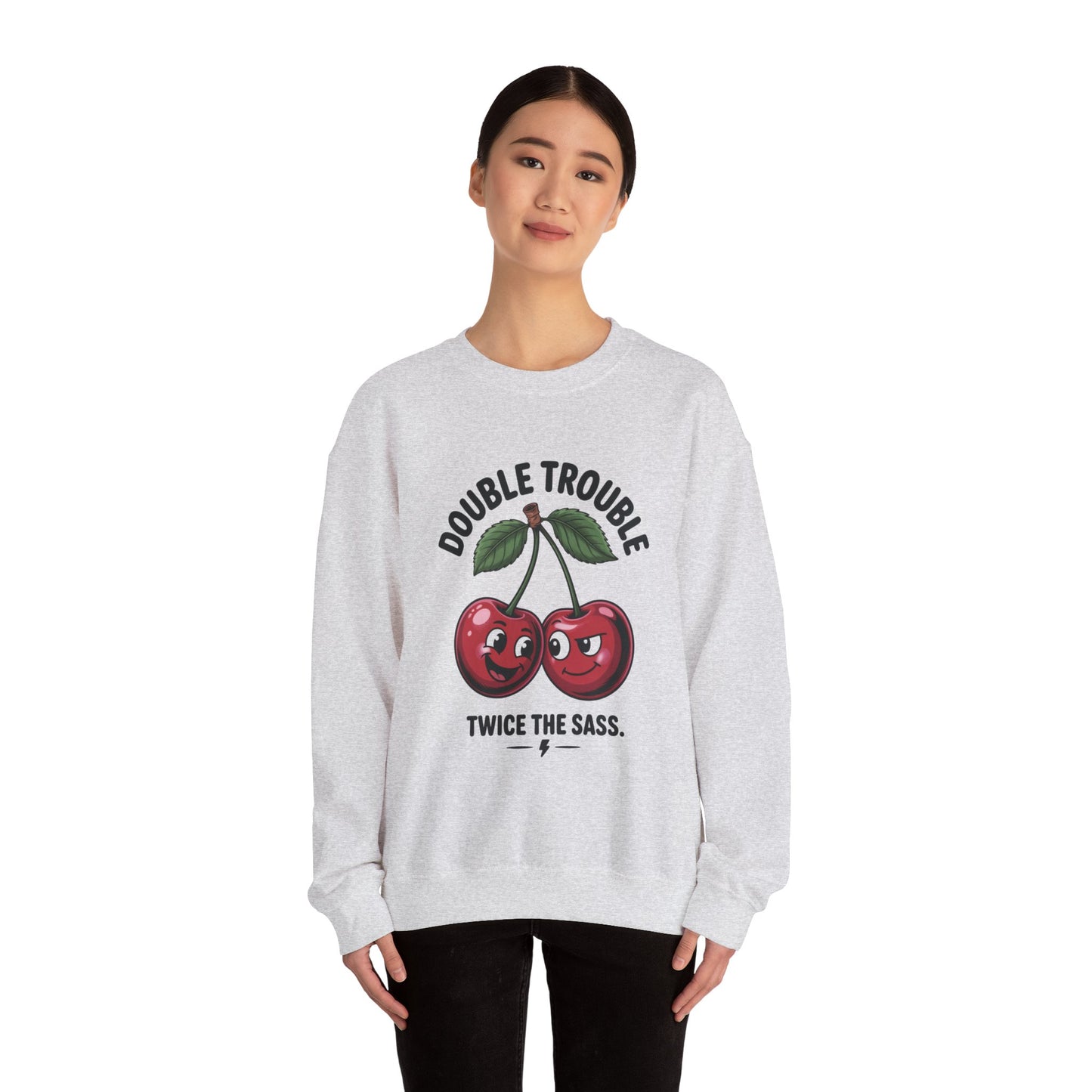 Double Trouble Cherry Sweatshirt, Cute Funny Womens Pullover, Twice The Sass Fruit Graphic Sweater, Playful Red Cherry Crewneck