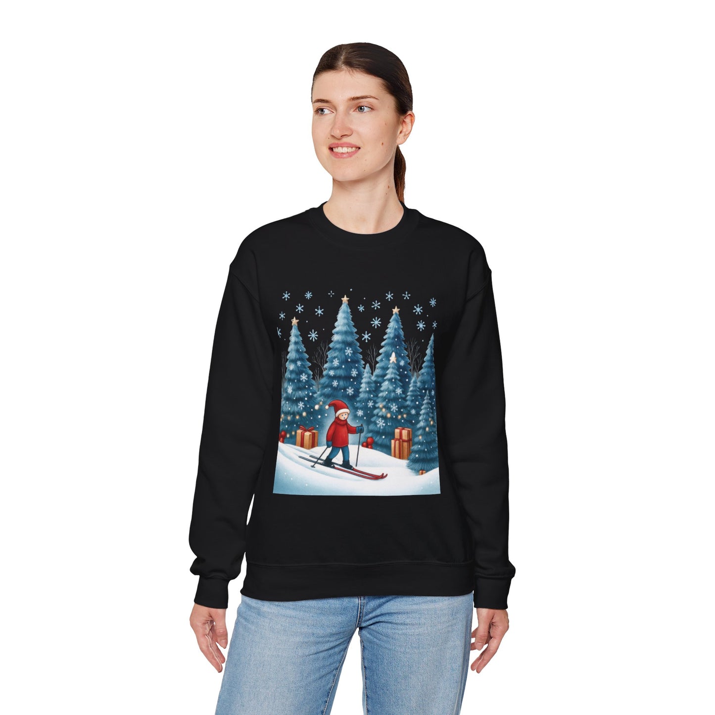 Womens Christmas Skiing Sweatshirt, Cozy Winter Holiday Pullover, Women's Heavy Blend™ Crewneck Sweatshirt