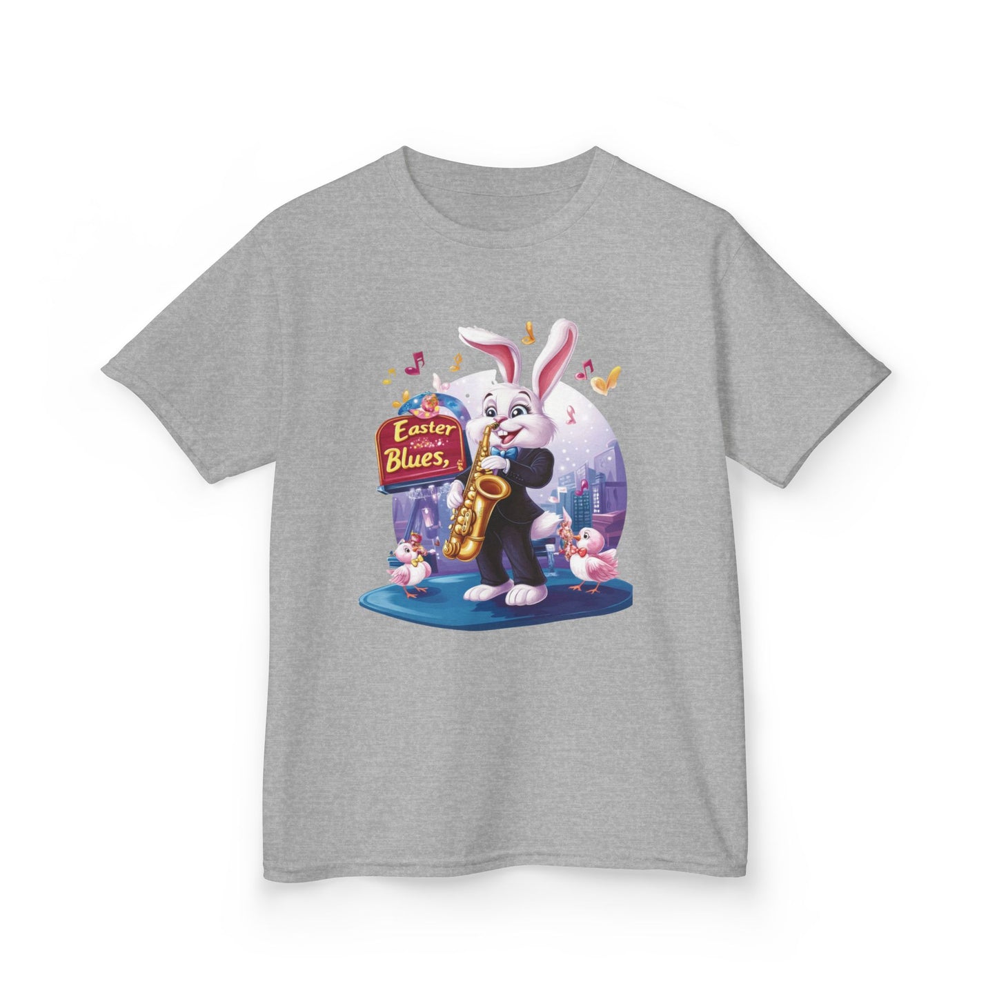 Easter Blues Bunny Kids T-Shirt - Cute Jazz Music Themed Tee for Boys and Girls, Fun Spring Gift, Bunny Playing Saxophone Design