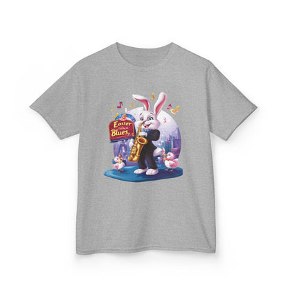 Easter Blues Bunny Kids T-Shirt - Cute Jazz Music Themed Tee for Boys and Girls, Fun Spring Gift, Bunny Playing Saxophone Design