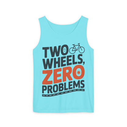 Mens Garment-Dyed Tank Top, Two Wheels Zero Problems Mens Cycling Graphic Tank, Gift for Cyclists