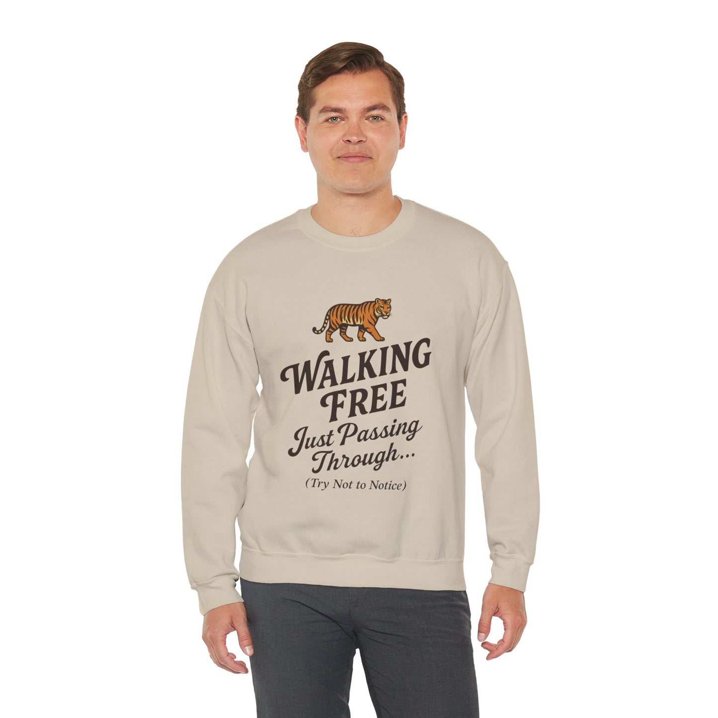 Funny Tiger Mens Crewneck Sweatshirt - Walking Free Cozy Wild Animal Pullover - Motivational Sweatshirt, Inspirational Apparel