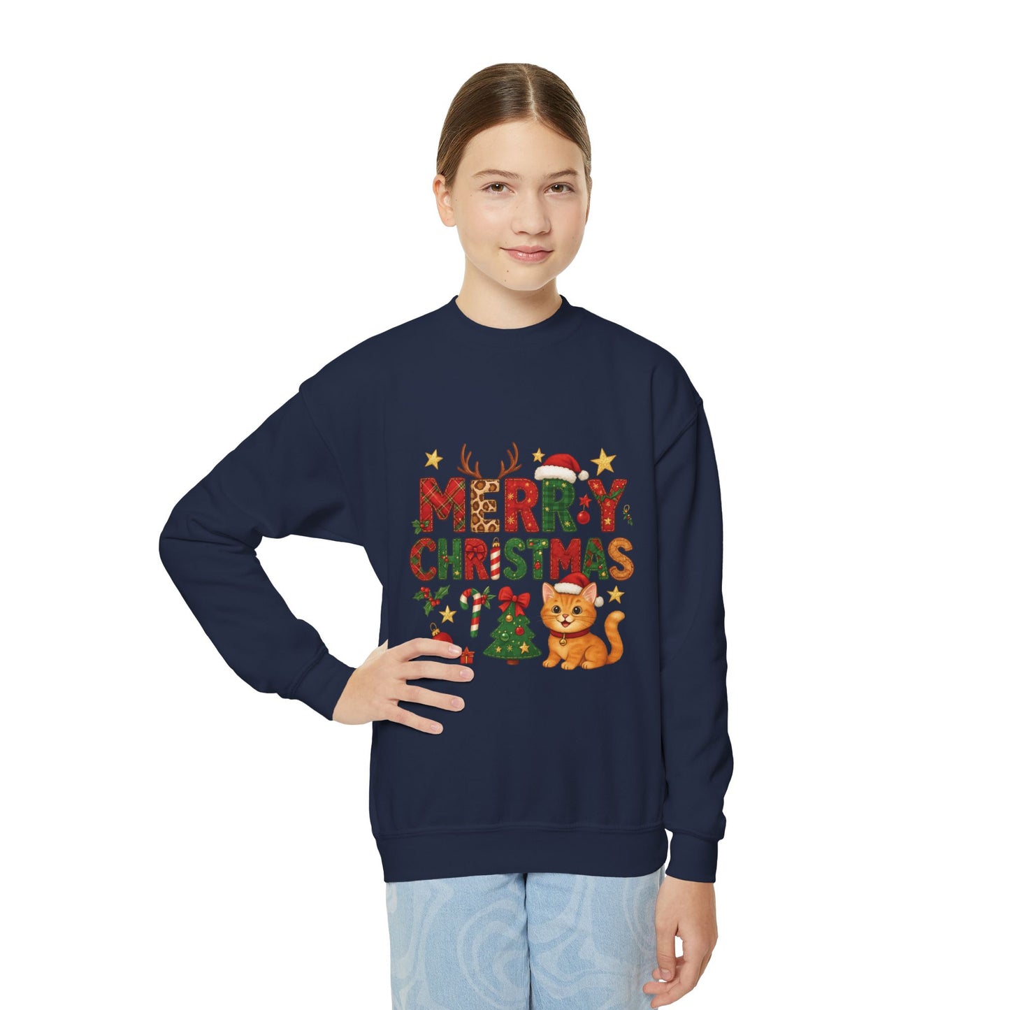 Merry Christmas Cat Sweatshirt for Girls, Cozy Holiday Kitten Jumper, Youth Crewneck Sweatshirt