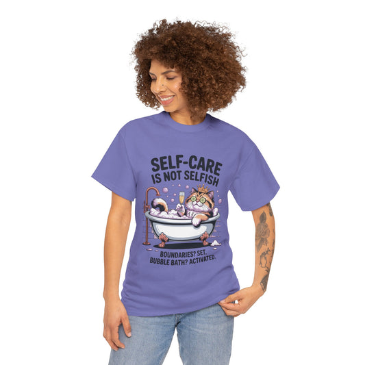 Womens Heavy Cotton Tee, Self-Care Cat Shirt, Funny Cat Bubble Bath Tee, Relaxing Kitty Graphic, Self Care Is Not Selfish Womens T-Shirt