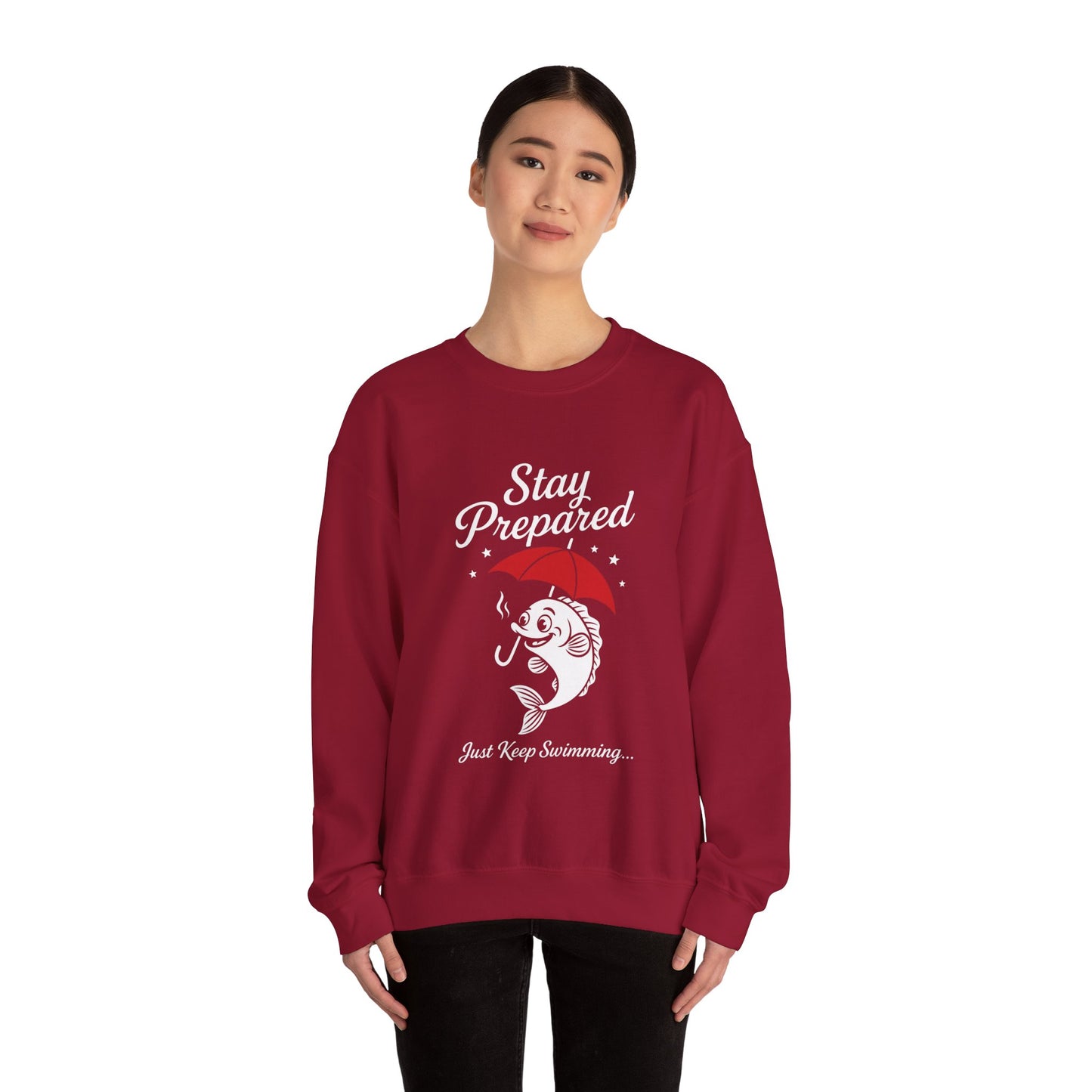Funny Fish Womens Crewneck Sweatshirt - Stay Prepared Just Keep Swimming Nautical Pullover - Cozy Positive Gift, Fishing Humor