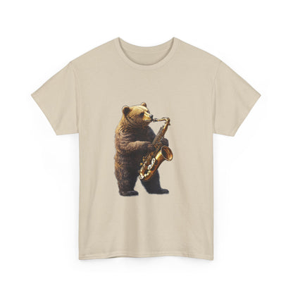 Saxophone Bear Unisex Heavy Cotton Tee, Music Lover Shirt, Gift for Musicians, Cute Animal Tee, Fun Jazz T-Shirt
