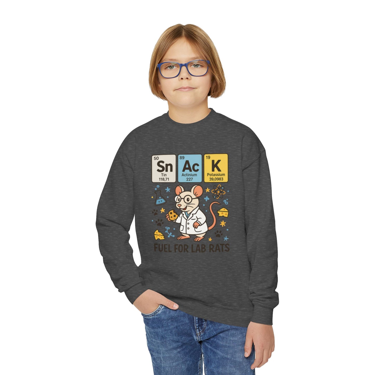 Youth Crewneck Sweatshirt - Fuel for Lab Rats, Cute Science Gift, Adorable Sweatshirt for Kids, Science Enthusiasts, Lab Rat Love