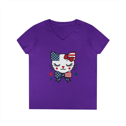 Patriotic Cat Ladies' V-Neck T-Shirt, Cute Tee, July 4th Top, Independence Day Shirt, Gift for Cat Lovers, Casual Summer Wear