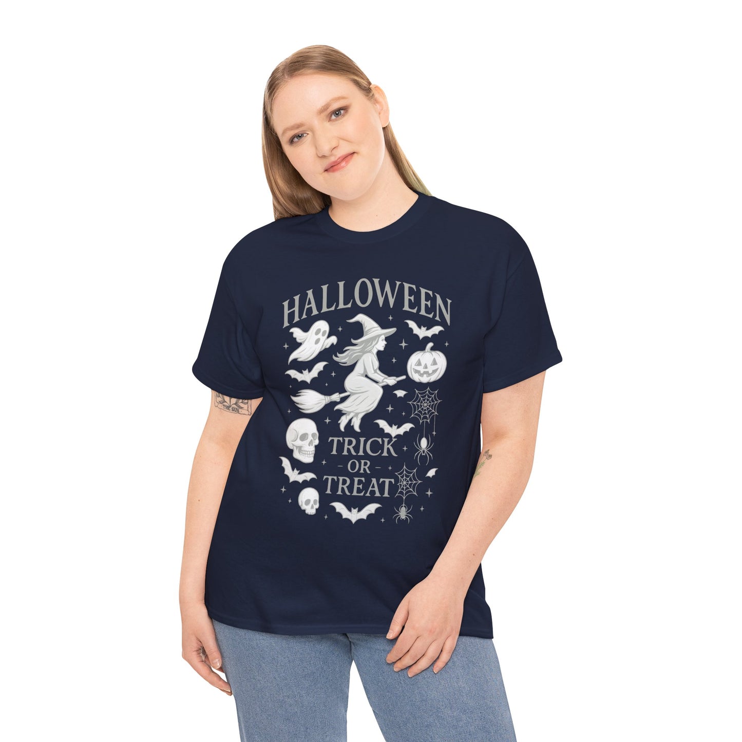 Halloween Witch Flying Broomstick T-Shirt, Trick or Treat Ghost Pumpkin Skull Spider Web Women's Tee