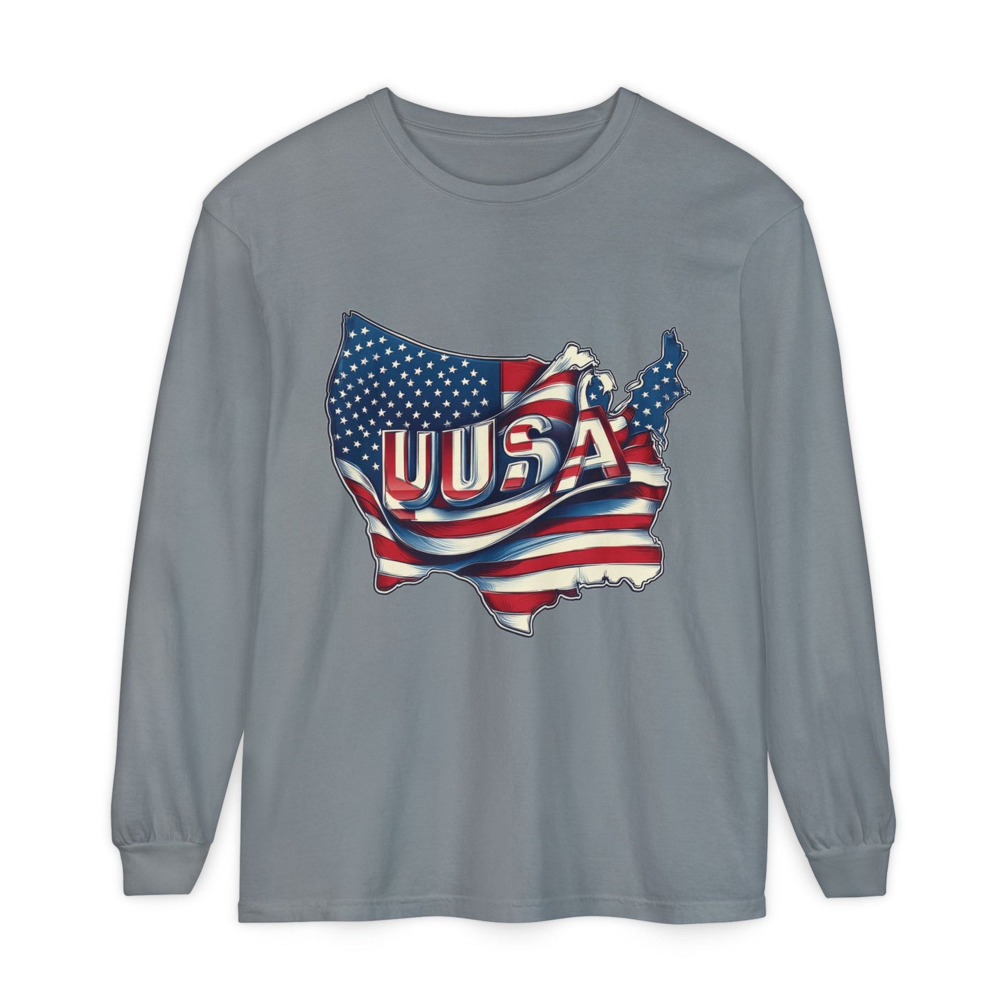 USA Flag Long Sleeve Tee, Unisex Garment-Dyed Shirt, Patriotic Top, All-American Apparel, Independence Day Style, Comfortable Casual Wear
