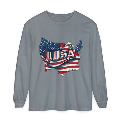 USA Flag Long Sleeve Tee, Unisex Garment-Dyed Shirt, Patriotic Top, All-American Apparel, Independence Day Style, Comfortable Casual Wear