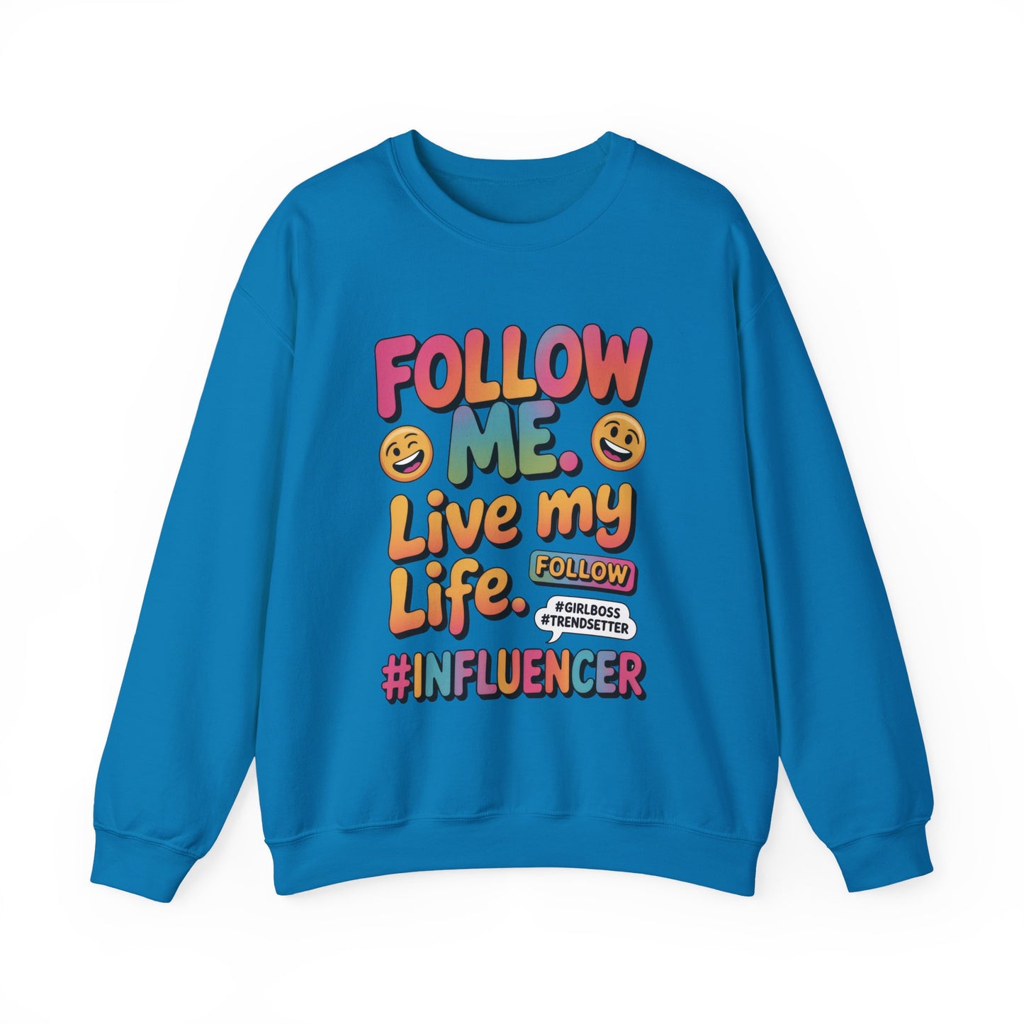 Womens Heavy Blend™ Crewneck Sweatshirt, Influencer Sweatshirt, Colorful Follow Me Live My Life Graphic Sweatshirt, Trendy GirlBoss Outfit
