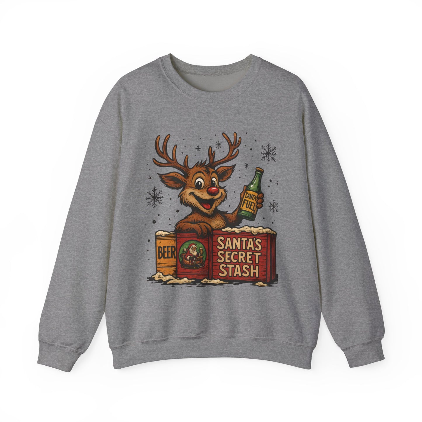 Mens Funny Christmas Sweatshirt, Santa's Secret Stash Reindeer Pullover, Men's Heavy Blend™ Crewneck Sweatshirt