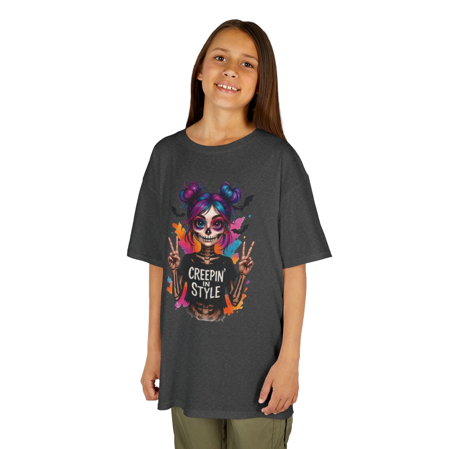 Creepin' in Style Kids Halloween T-Shirt, Colorful Skeleton Girl Design, Cute Spooky Shirt for Trendy Girls