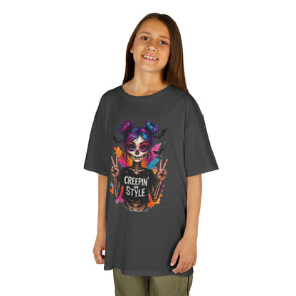 Creepin' in Style Kids Halloween T-Shirt, Colorful Skeleton Girl Design, Cute Spooky Shirt for Trendy Girls