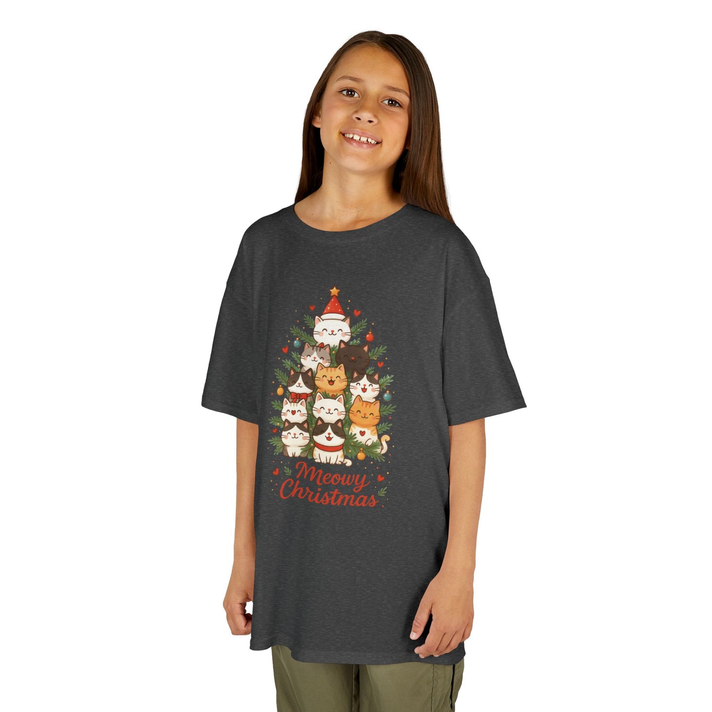Youth Meowy Christmas Cat T-Shirt, Cute Kids Holiday Kitty Tee