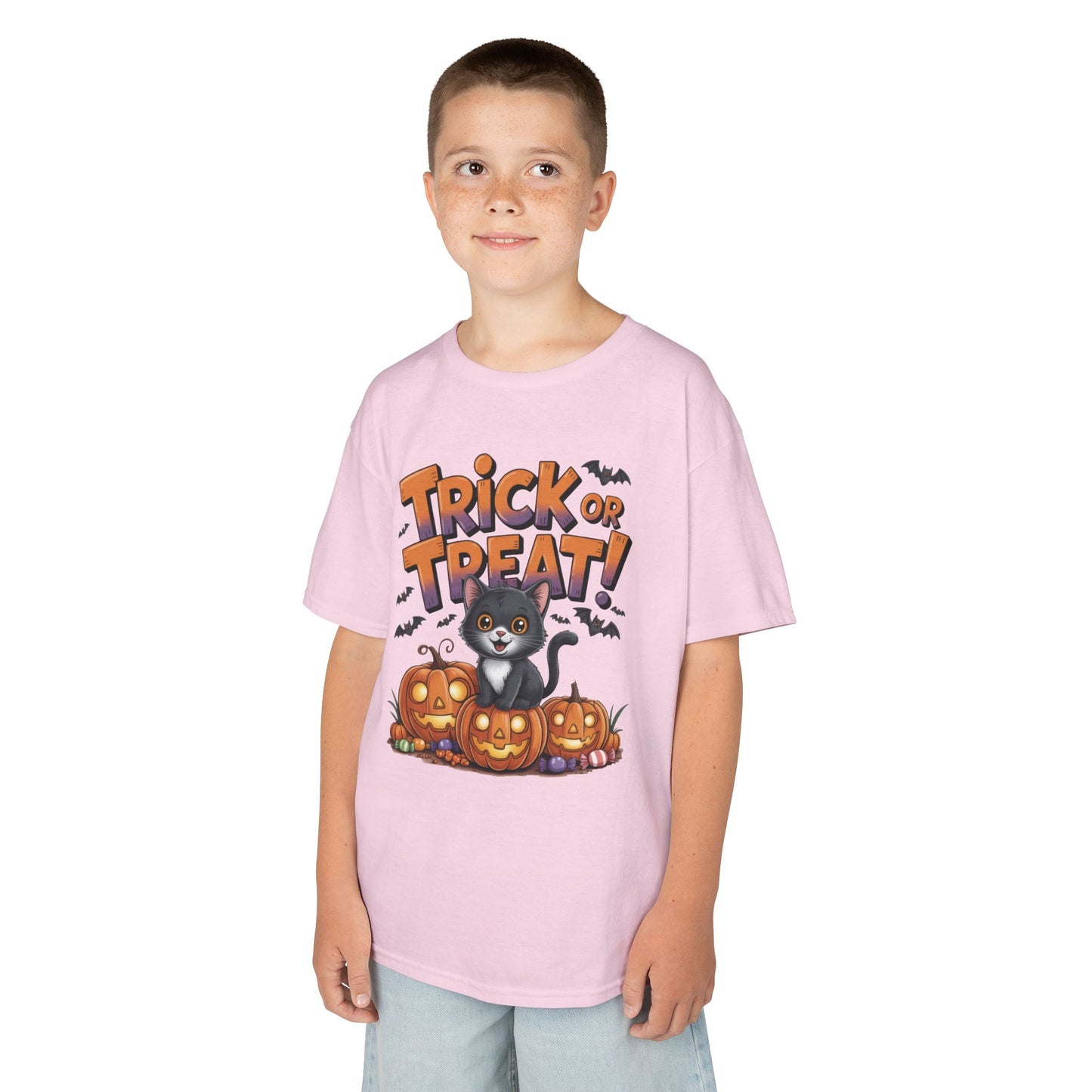Girls Cute Black Cat Trick or Treat Halloween T-Shirt, Funny Pumpkin Cat Tee, Spooky Fall Shirt for Kids, Matching Family Halloween Shirts