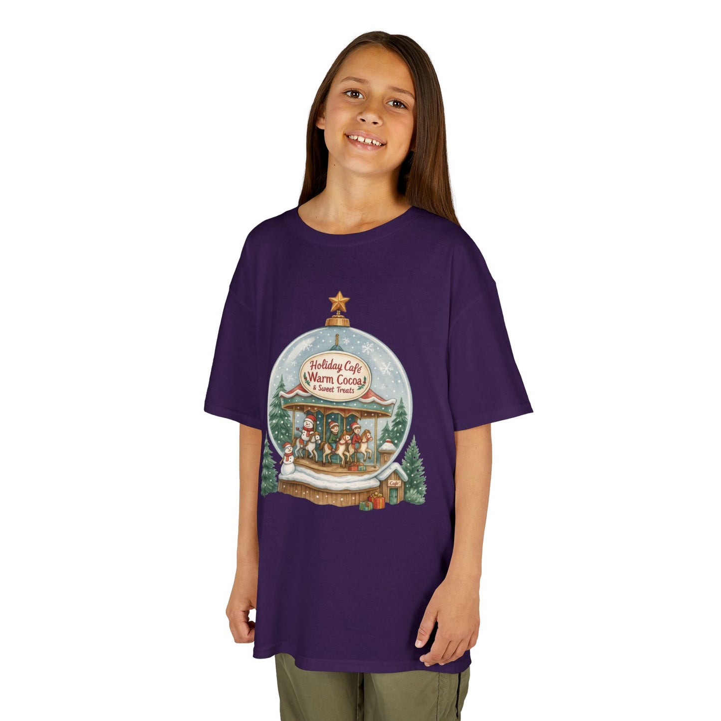 Youth Holiday Café Christmas T-Shirt, Warm Cocoa Carousel Kids Tee