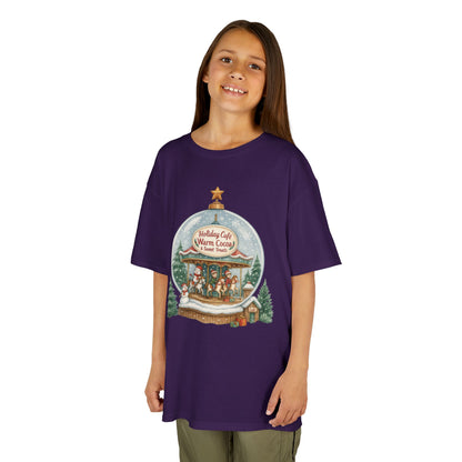 Youth Holiday Café Christmas T-Shirt, Warm Cocoa Carousel Kids Tee