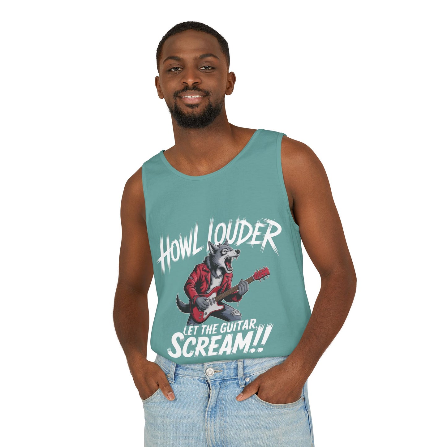 Howl Louder Wolf Tank Top, Mens Muscle Shirt, Rock Guitarist Graphic Sleeveless Tee, Wolf Workout Gym Tank, Music Lover Gift