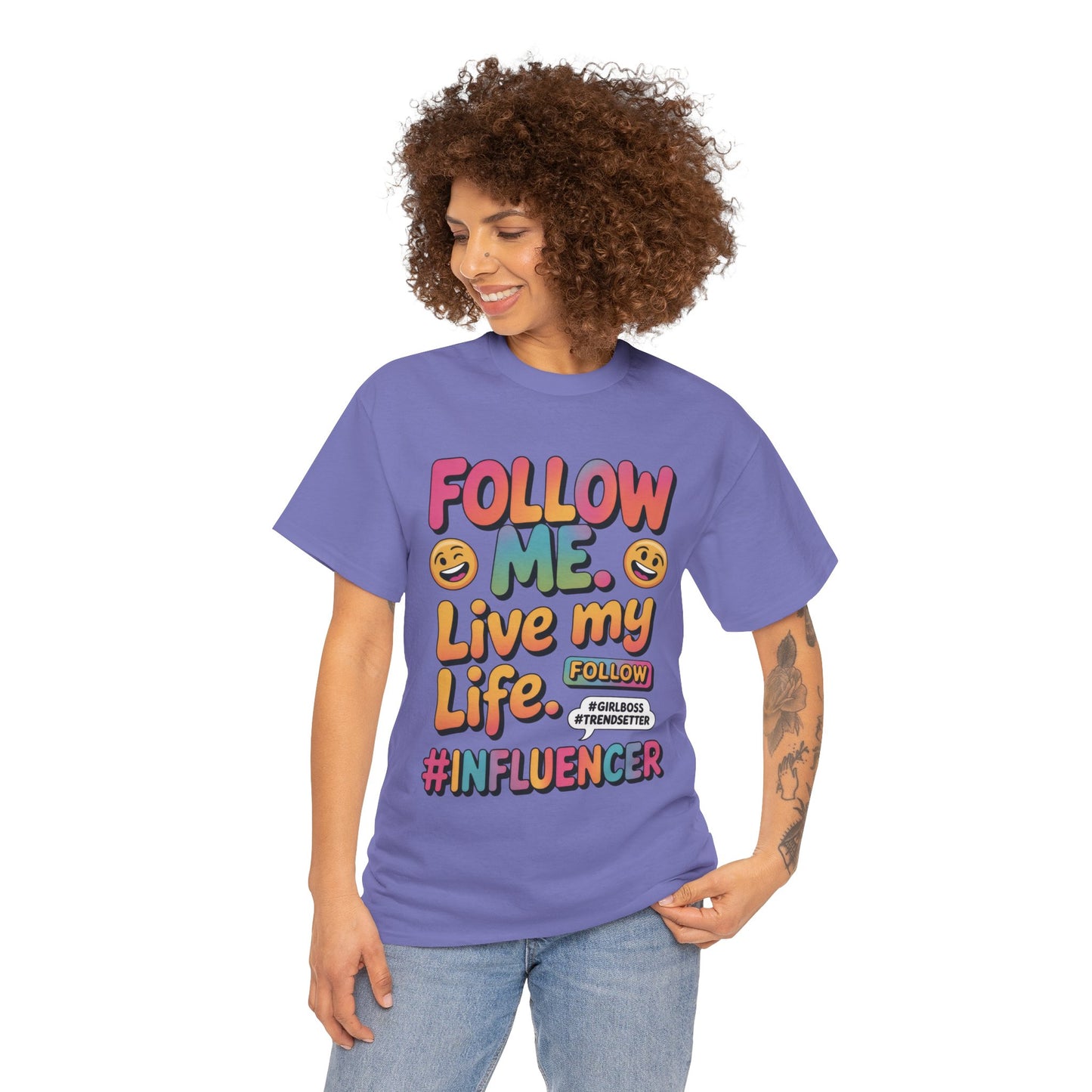 Womens Heavy Cotton Tee, Influencer Graphic Tee, Follow Me Live My Life Shirt, Colorful Trendy GirlBoss T-Shirt, Trendsetter Summer Wear