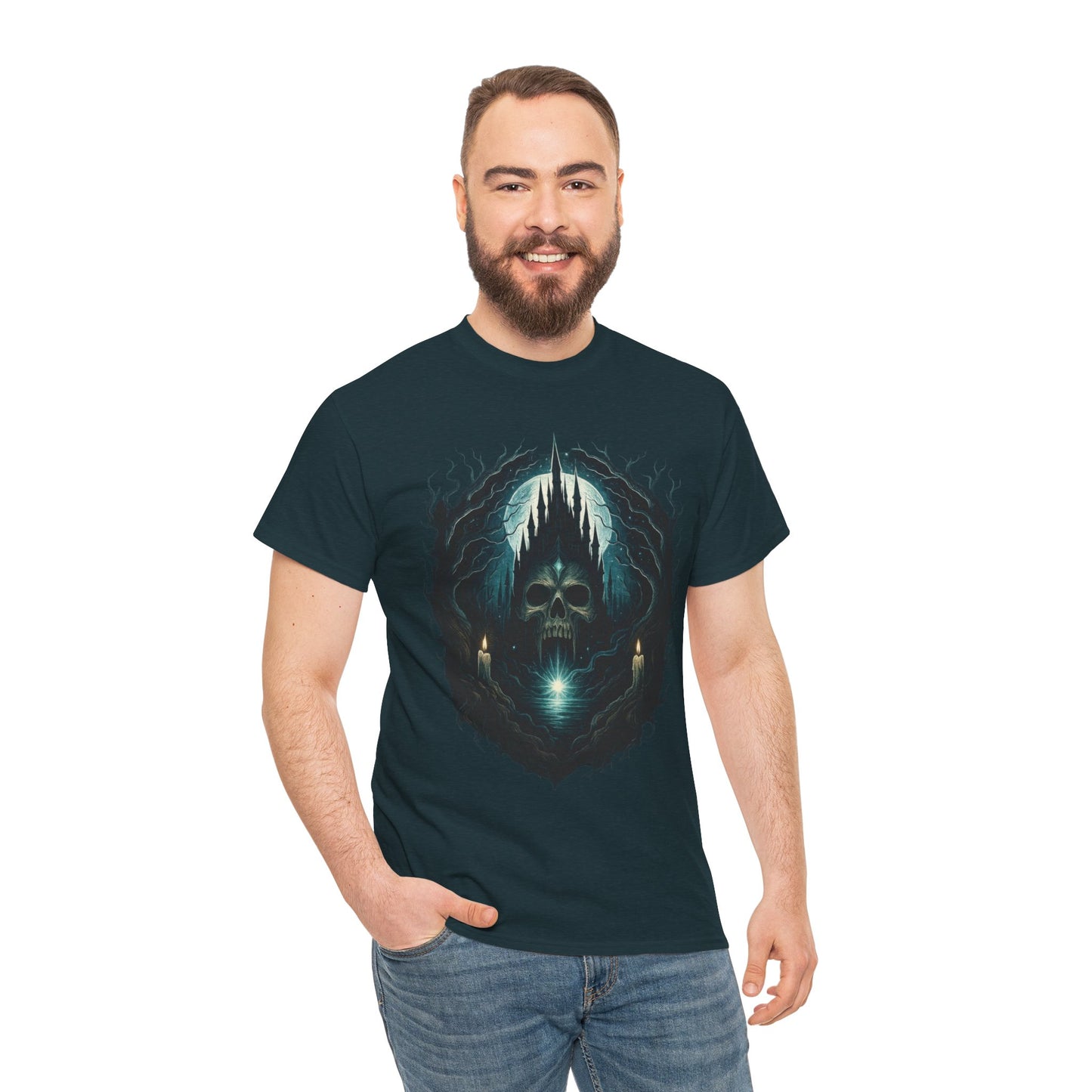 Gothic Skull Castle Men's T-Shirt, Dark Horror Haunted Night Graphic Tee, Halloween Shirt