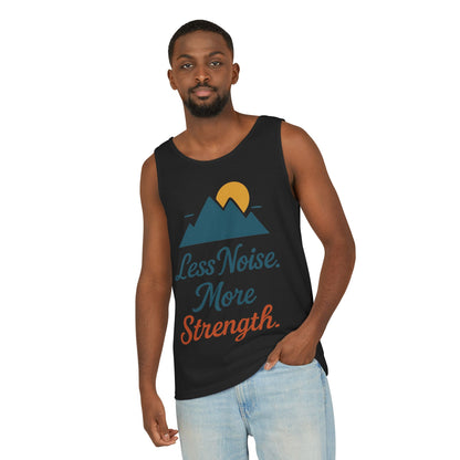 Mens Garment-Dyed Tank Top, Mens Less Noise More Strength Tank Top, Minimal Mountain Fitness Graphic Shirt