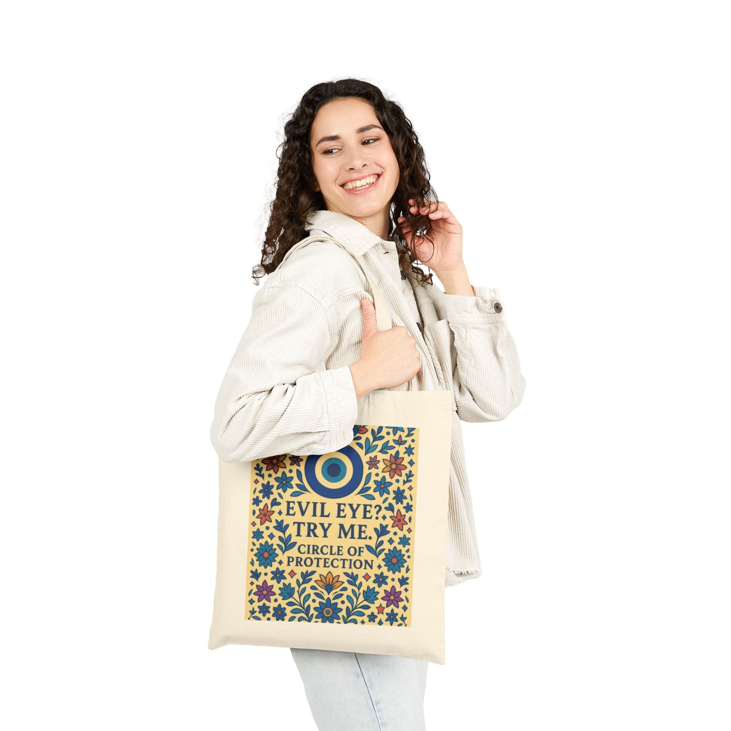 Evil Eye Protection Tote Bag,  Bold Floral Nazar Amulet Canvas Bag with Funny Quote, Boho Charm Bag, Boho Spiritual Gift