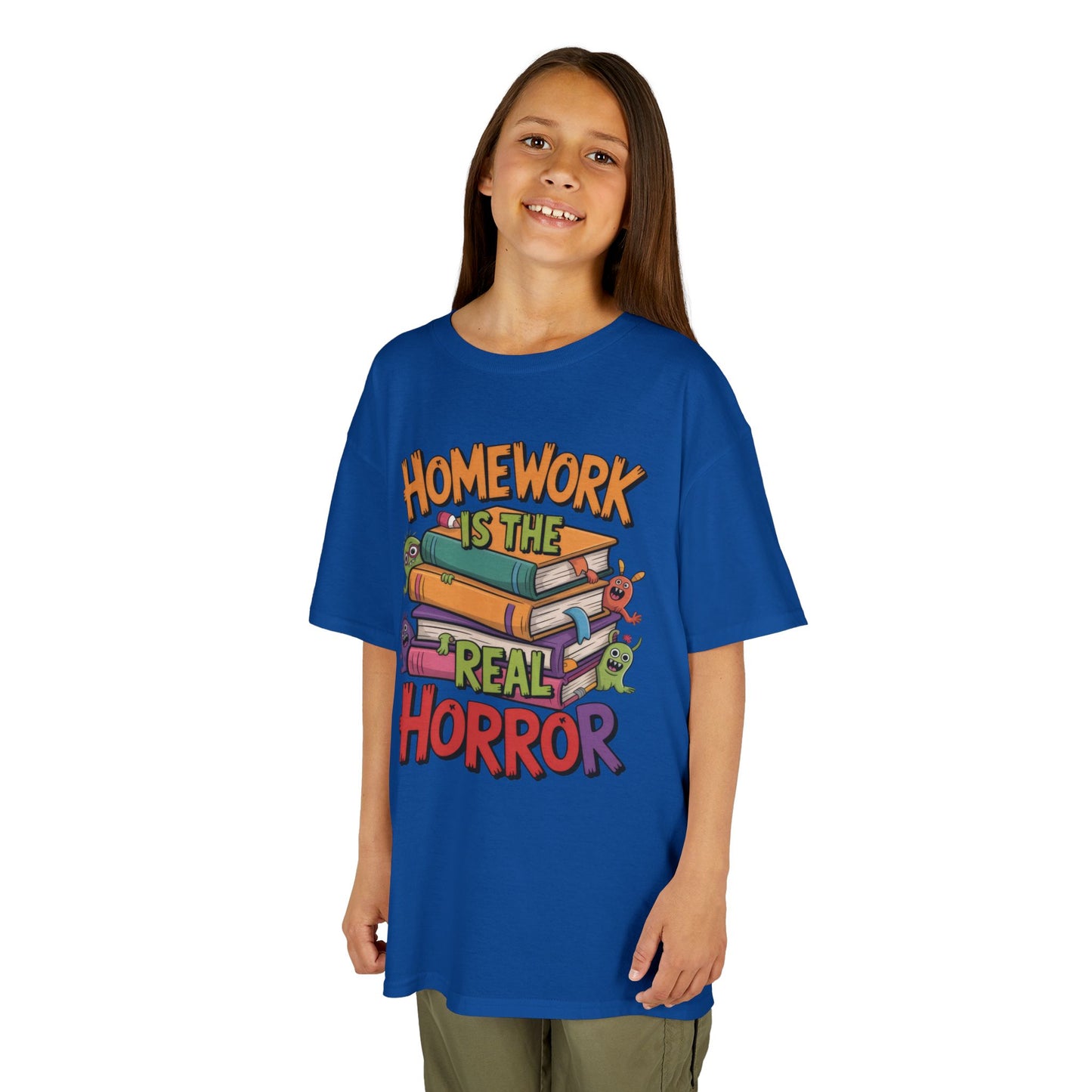 Kids Funny Homework Tee, Cute Monster School Shirt, Homework Is the Real Horror, Back to School Gift for Boys & Girls, Kids Halloween Tee
