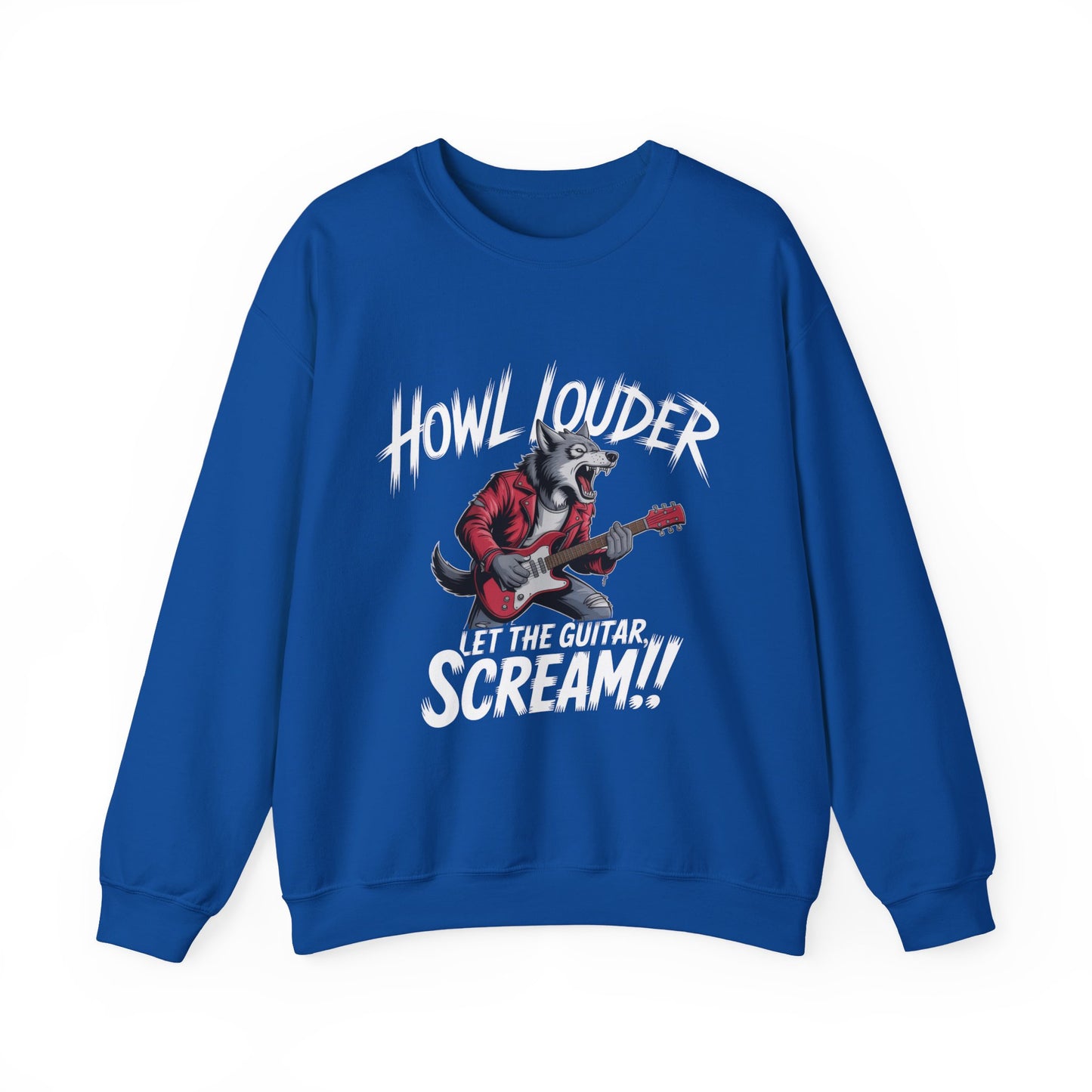 Howl Louder Wolf Sweatshirt, Let The Guitar Scream Pullover, Rock Guitar Animal Hoodie, Rocking Wolf Crewneck Sweatshirt, Music Lover Gift