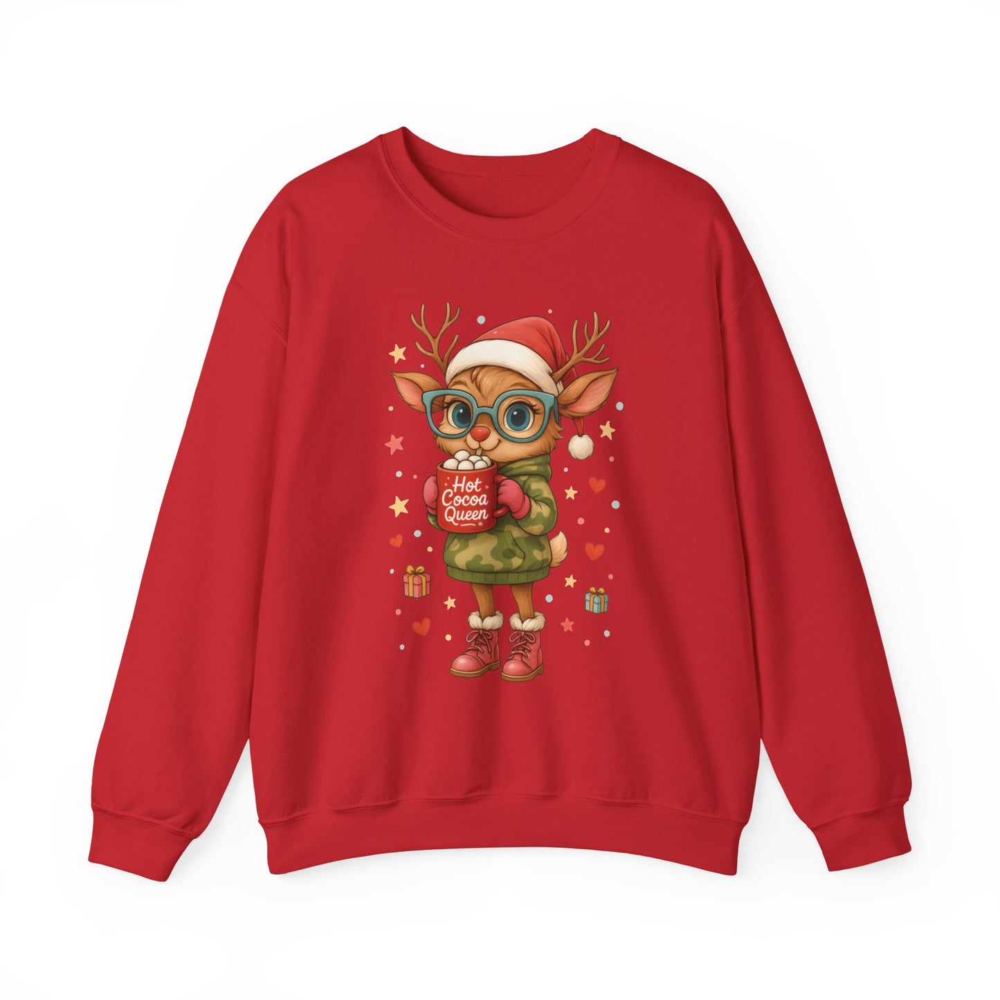 Hot Cocoa Queen Christmas Sweatshirt, Cute Cozy Holiday Reindeer Pullover