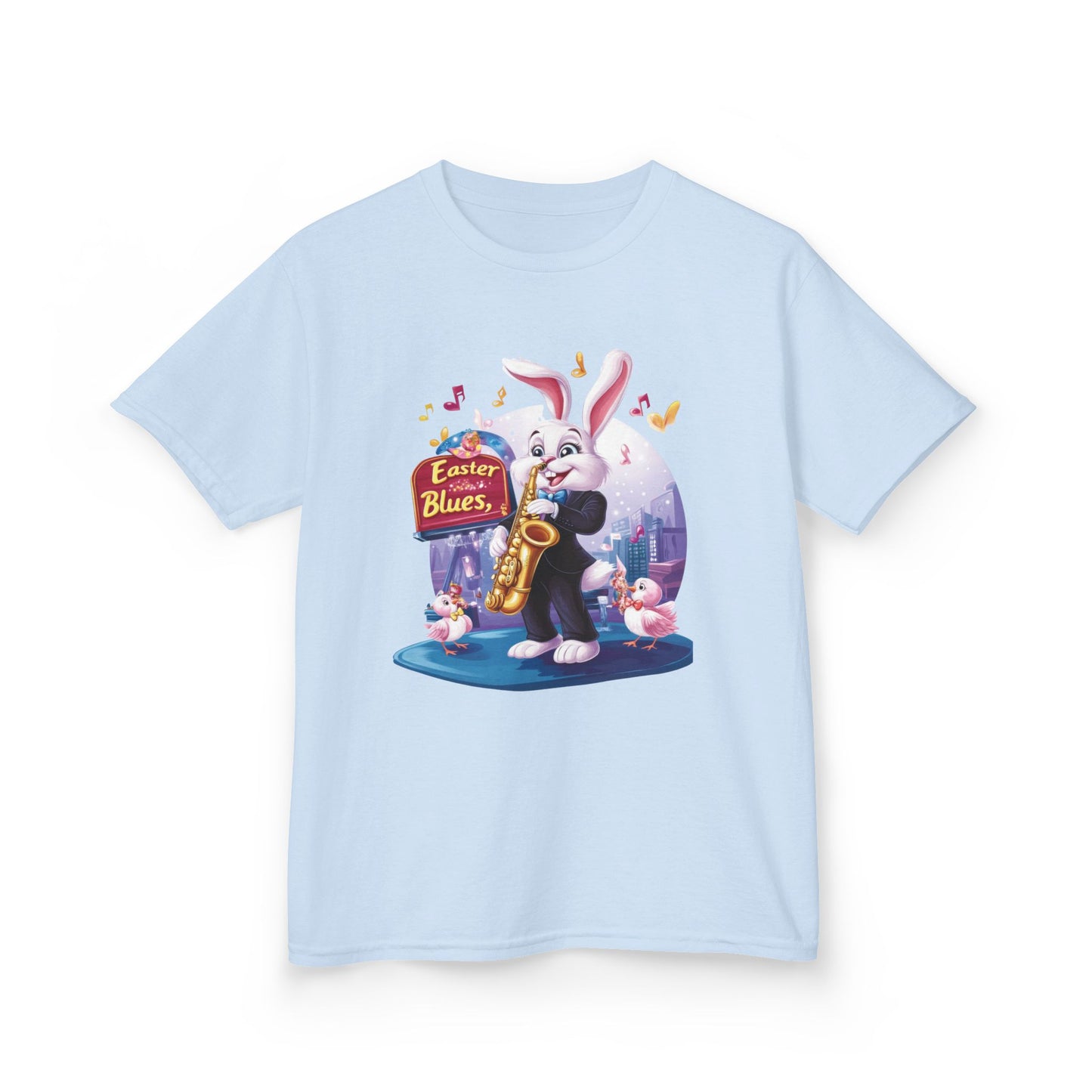 Easter Blues Bunny Kids T-Shirt - Cute Jazz Music Themed Tee for Boys and Girls, Fun Spring Gift, Bunny Playing Saxophone Design