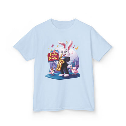 Easter Blues Bunny Kids T-Shirt - Cute Jazz Music Themed Tee for Boys and Girls, Fun Spring Gift, Bunny Playing Saxophone Design